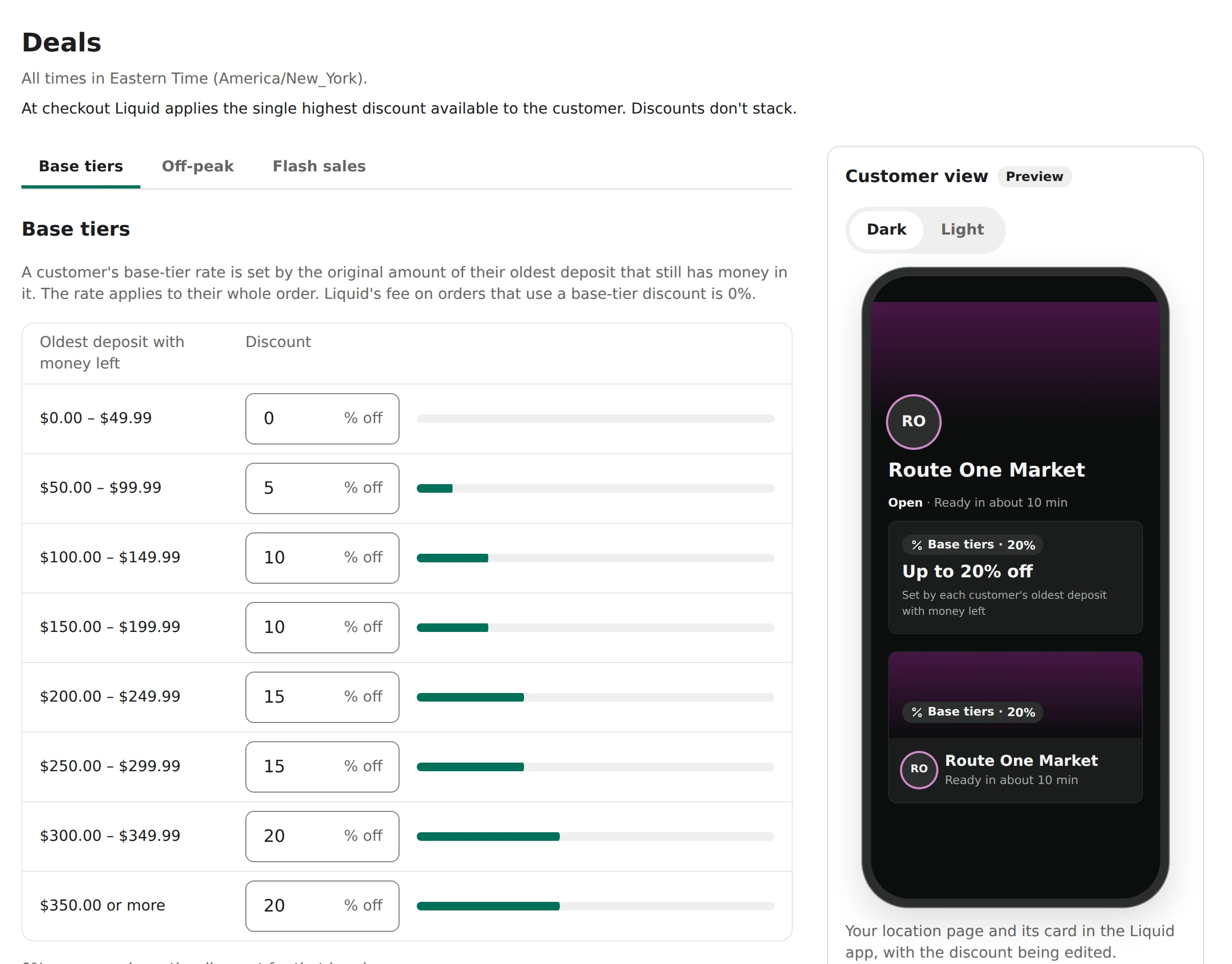 The Deals page in the Liquid merchant portal: discount settings next to a preview of the location as customers see it in the app.