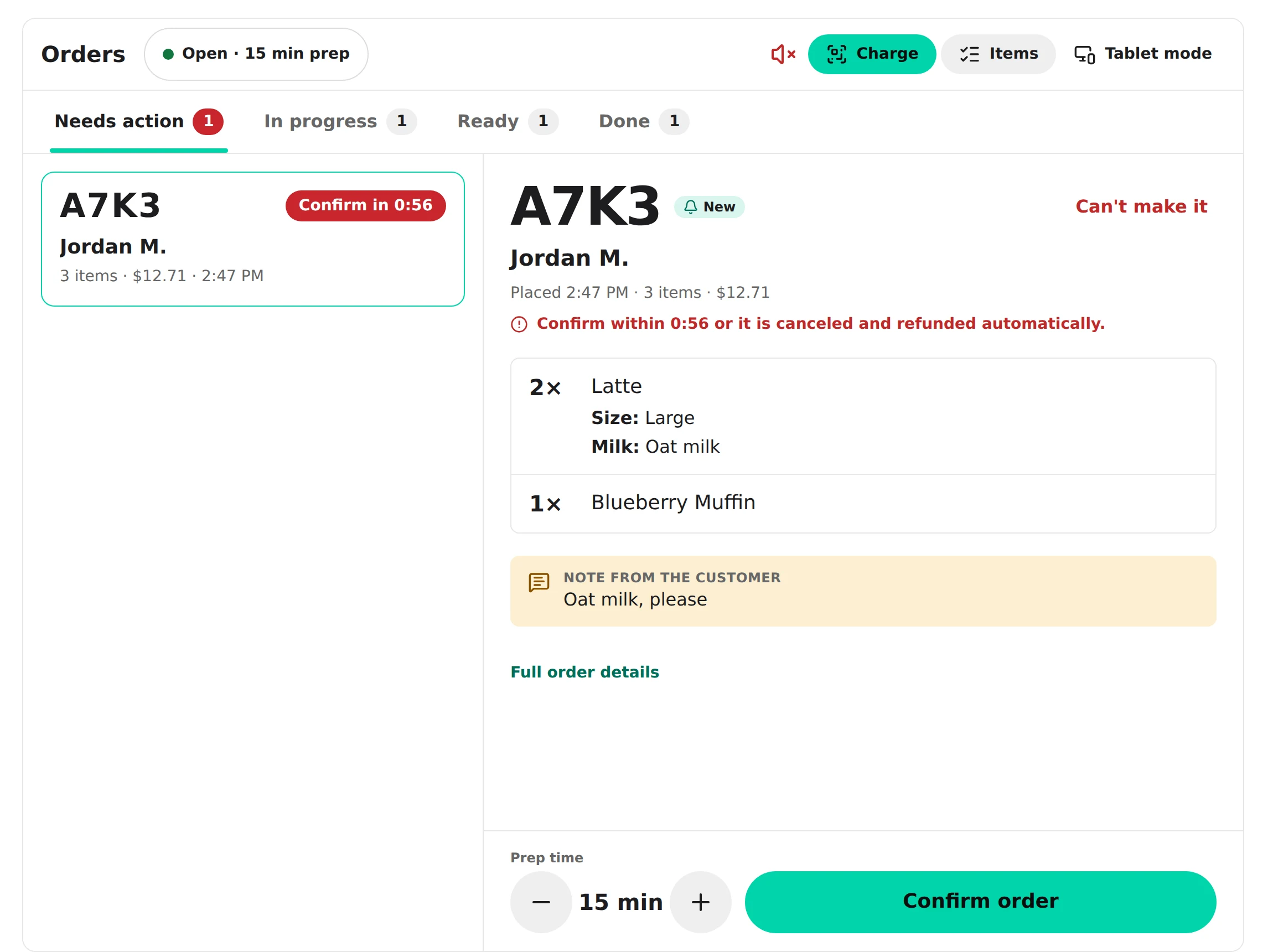 The order screen in the Liquid merchant portal: a new order, A7K3 for Jordan M., with its items, the customer's note and a Confirm order button.